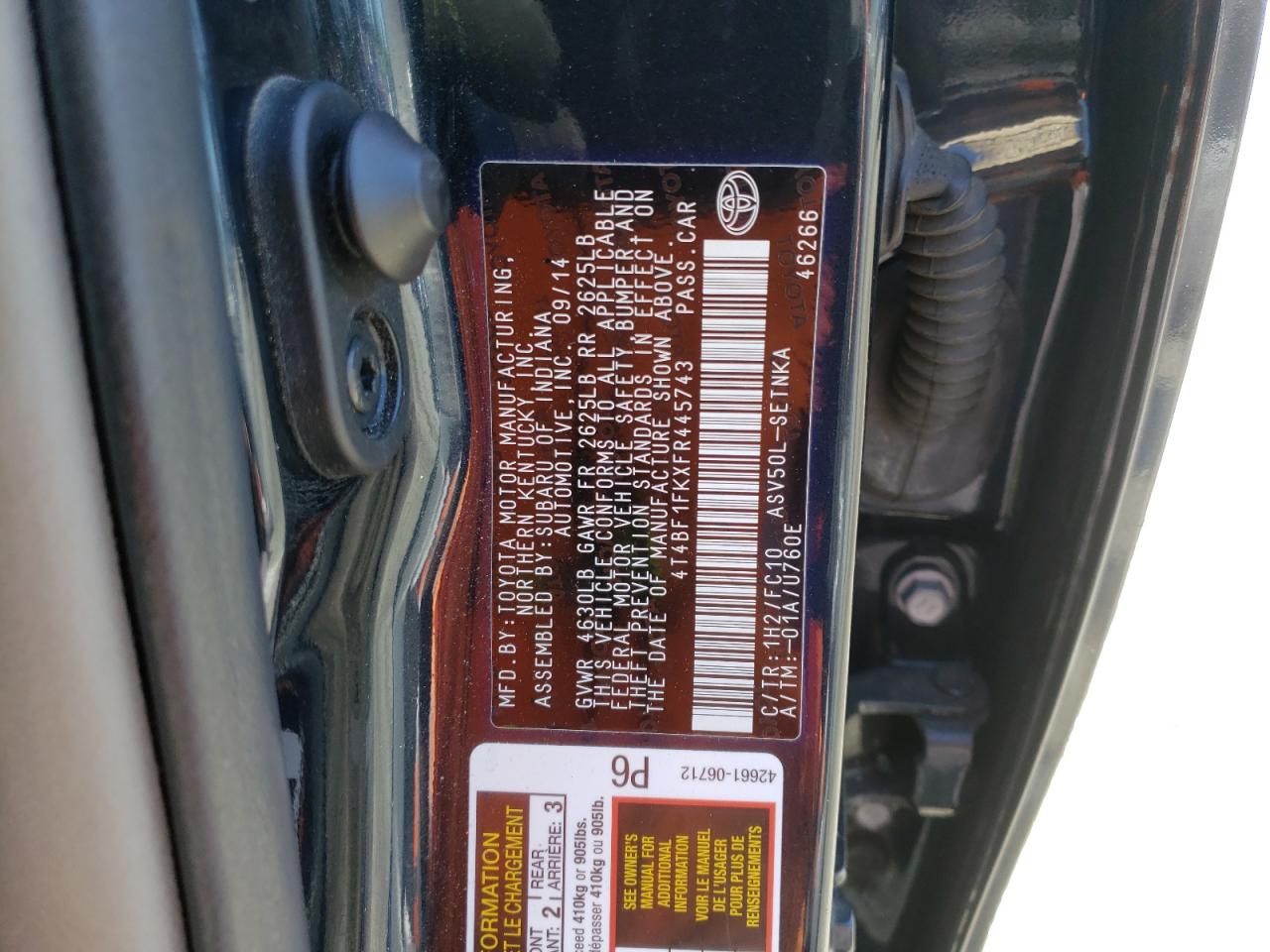 Photo 10 from auction – 2015 TOYOTA CAMRY LE with VIN 4T4BF1FKXFR445743