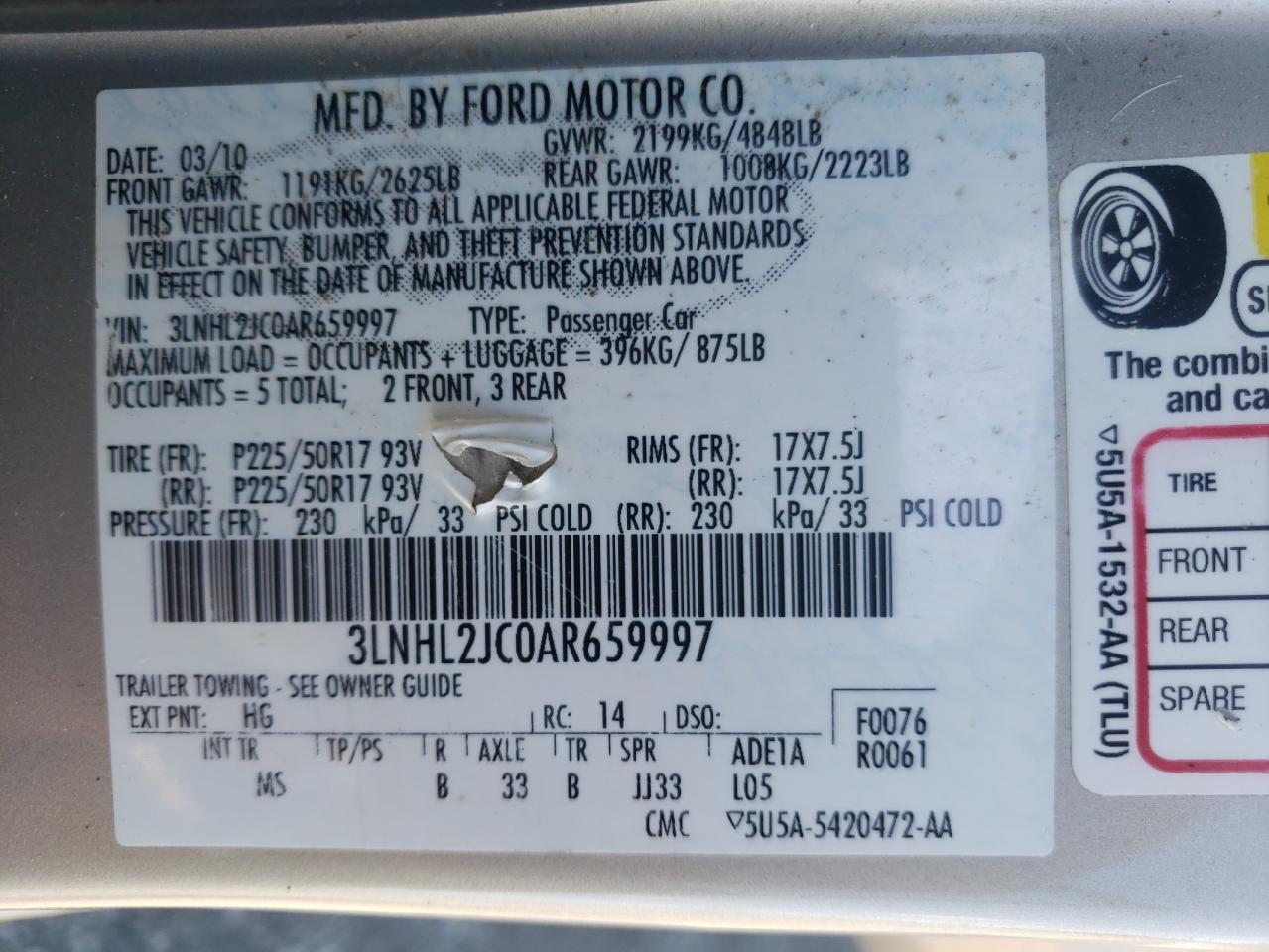 Photo 10 from auction – 2010 LINCOLN MKZ with VIN 3LNHL2JC0AR659997