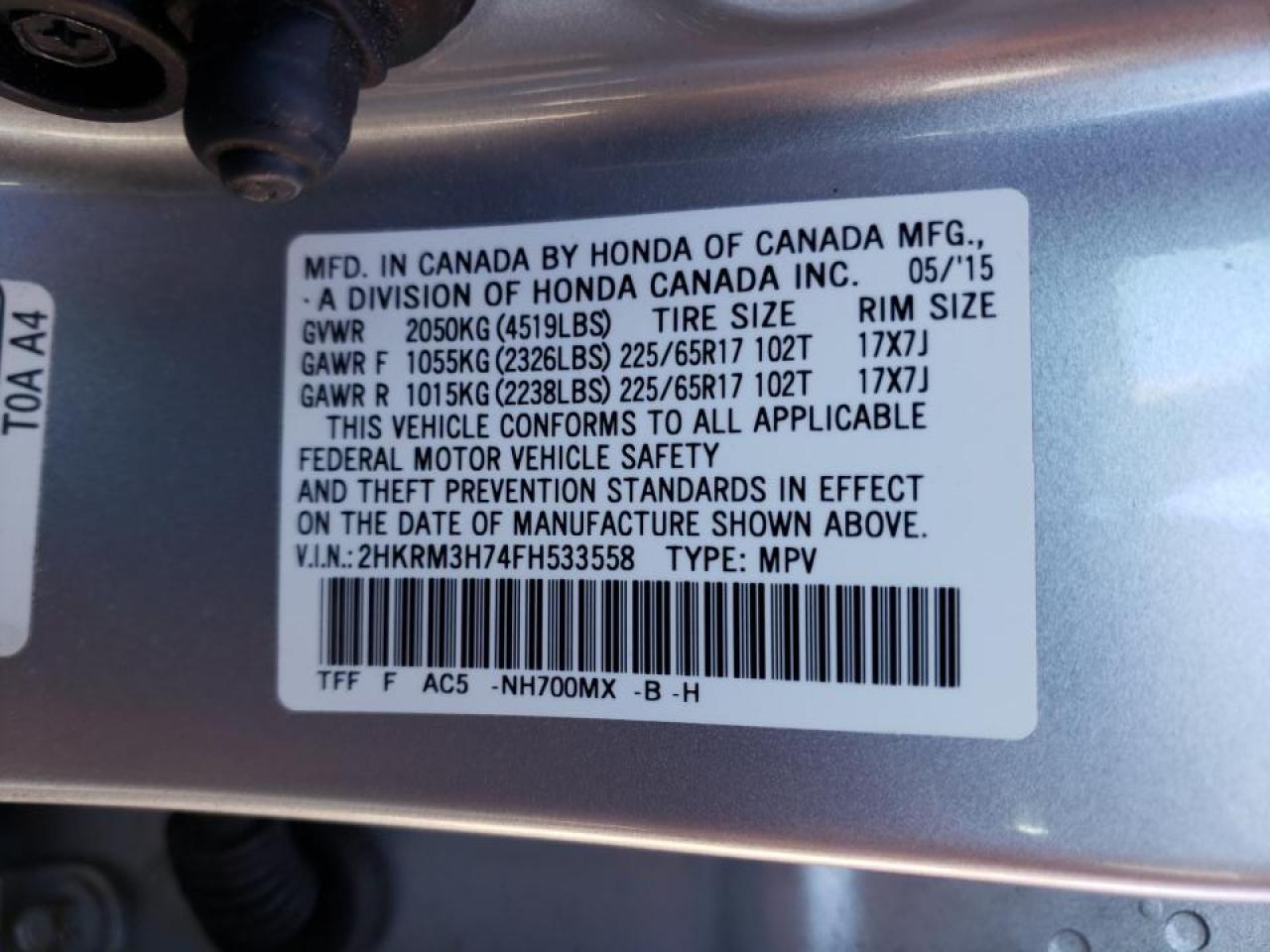 Photo 10 from auction – 2015 HONDA CR-V EXL with VIN 2HKRM3H74FH533558