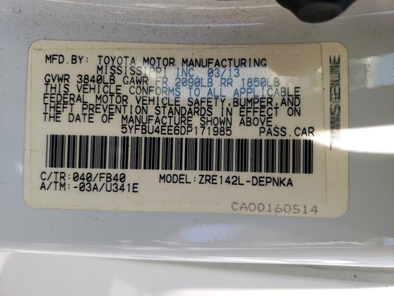 Photo 10 from auction – 2013 TOYOTA COROLLA BA with VIN 5YFBU4EE6DP171985