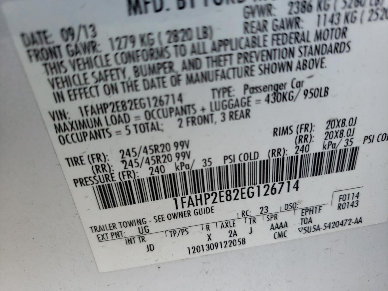 Photo 10 from auction – 2014 FORD TAURUS SEL with VIN 1FAHP2E82EG126714