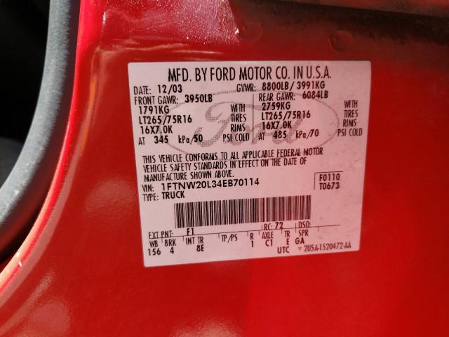 Photo 10 from auction – 2004 FORD F250 SUPER with VIN 1FTNW20L34EB70114
