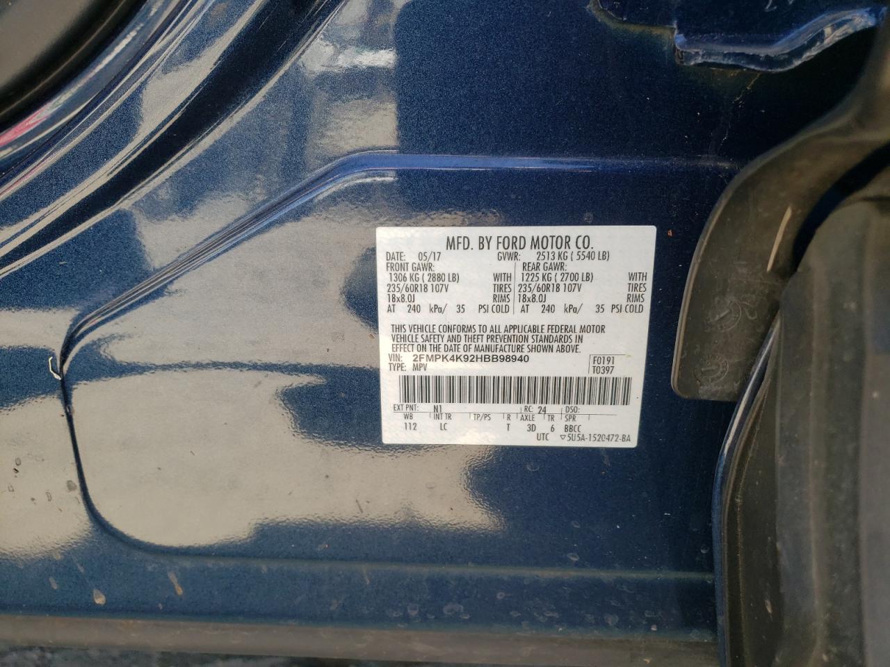 Photo 10 from auction – 2017 FORD EDGE TITAN with VIN 2FMPK4K92HBB98940