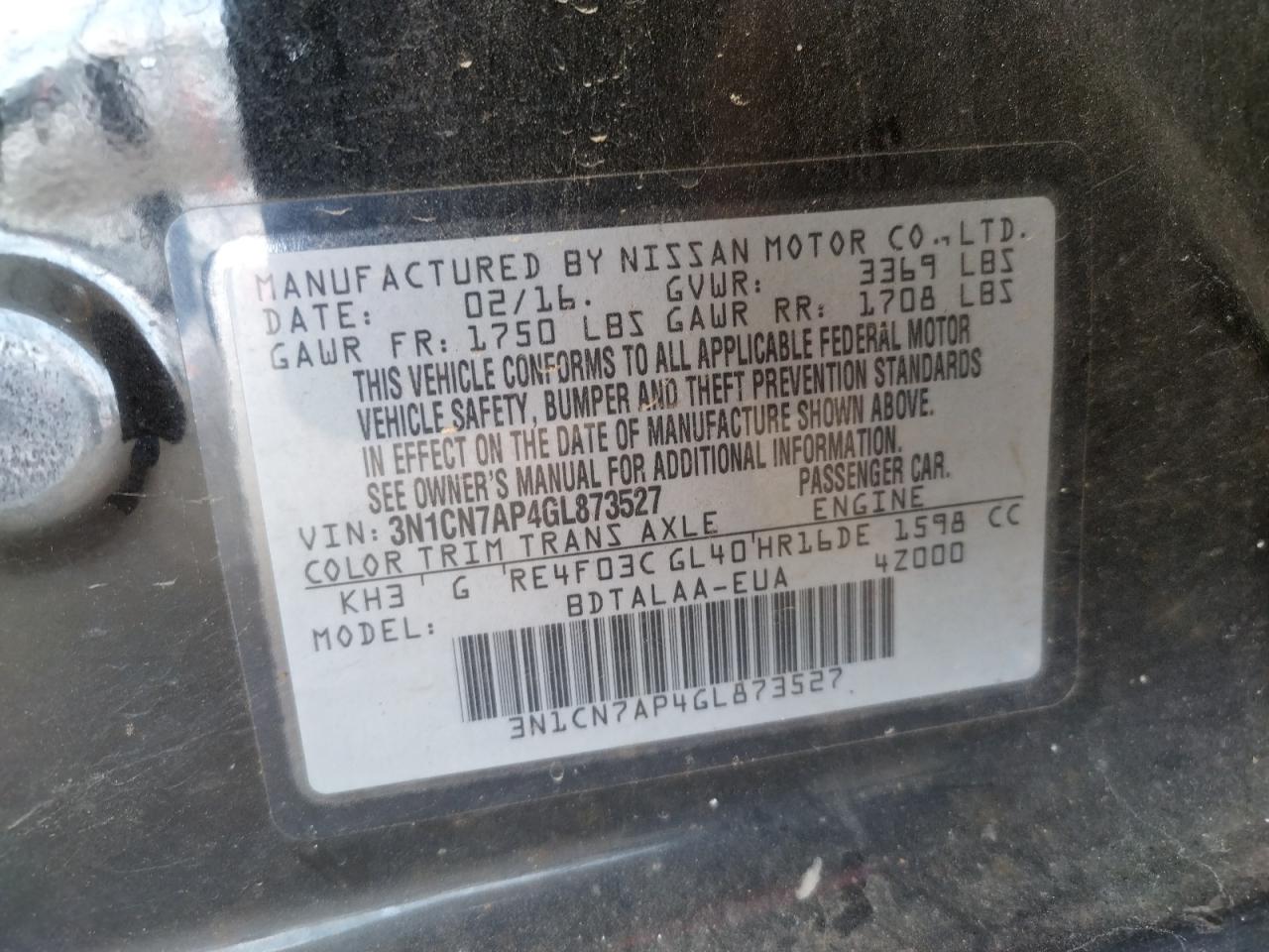 Photo 10 from auction – 2016 NISSAN VERSA S with VIN 3N1CN7AP4GL873527