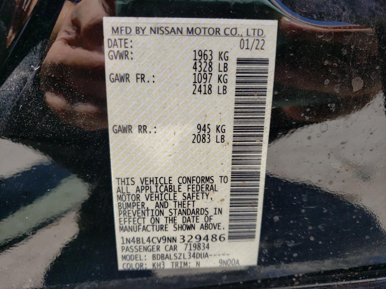 Photo 10 from auction – 2022 NISSAN ALTIMA SR with VIN 1N4BL4CV9NN329486