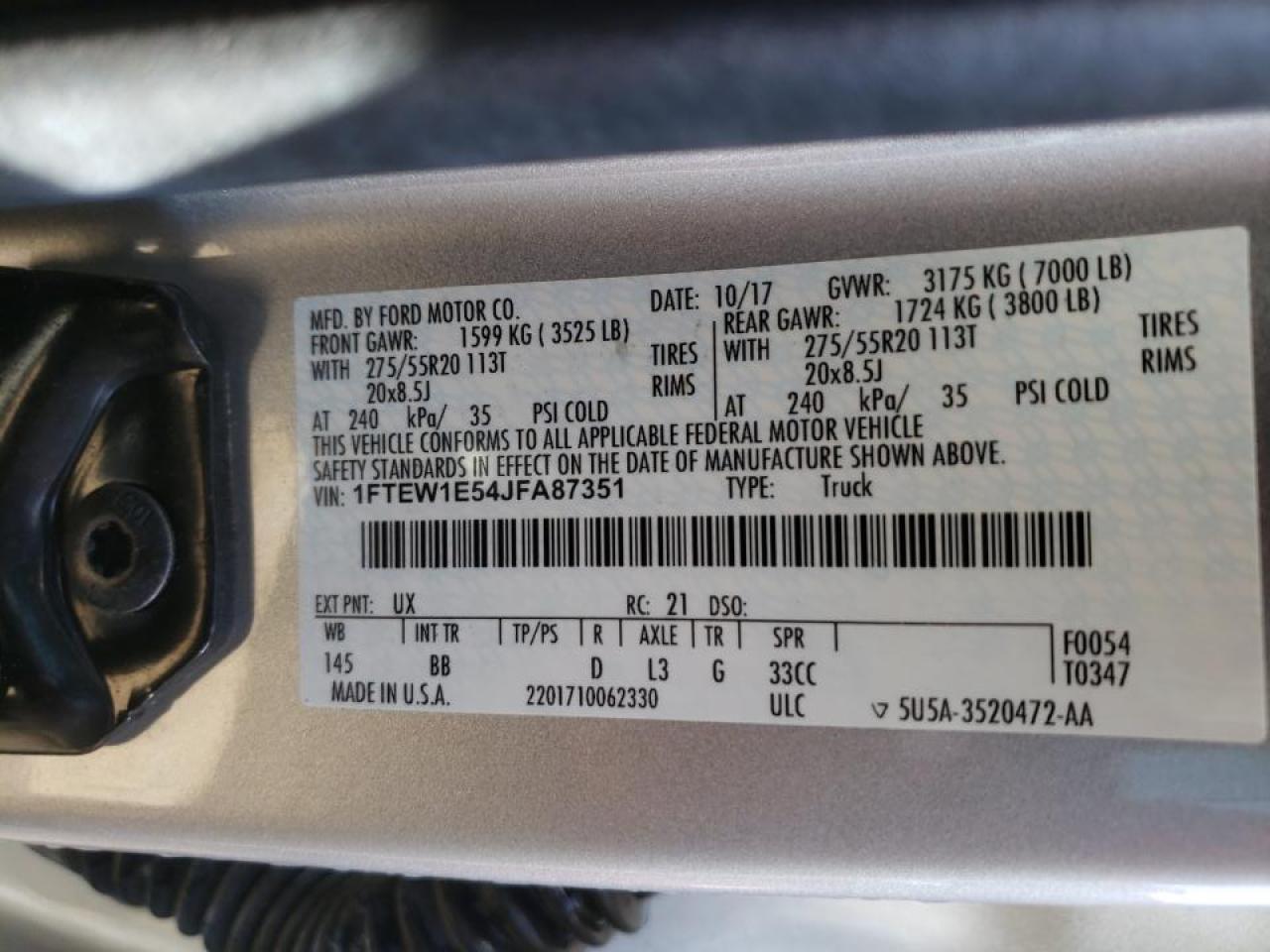 Photo 10 from auction – 2018 FORD F150 SUPER with VIN 1FTEW1E54JFA87351