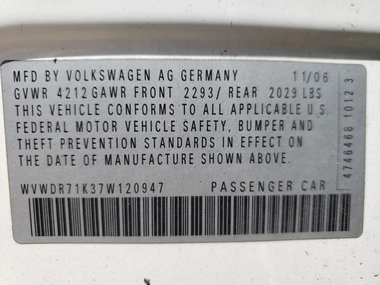 Photo 10 from auction – 2007 VOLKSWAGEN RABBIT with VIN WVWDR71K37W120947