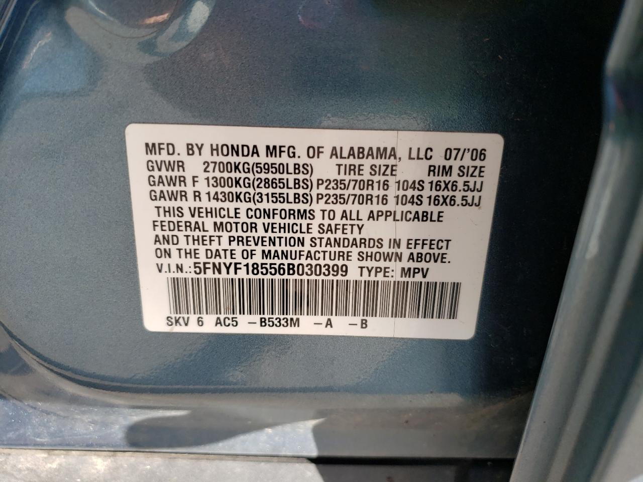 Photo 10 from auction – 2006 HONDA PILOT EX with VIN 5FNYF18556B030399