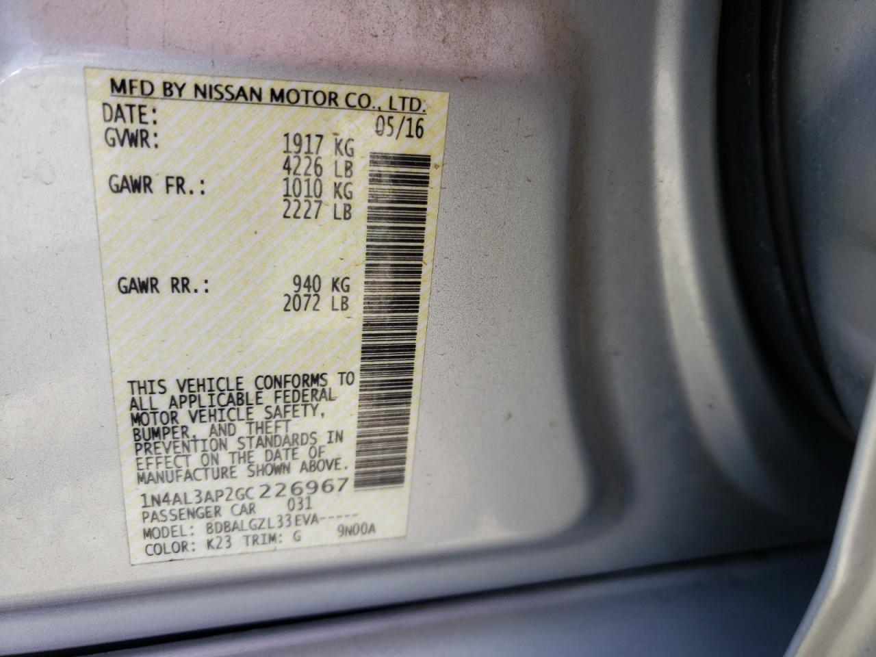 Photo 10 from auction – 2016 NISSAN ALTIMA 2.5 with VIN 1N4AL3AP2GC226967