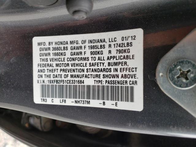 Photo 10 from auction – 2012 HONDA CIVIC LX with VIN 19XFB2F51CE331684
