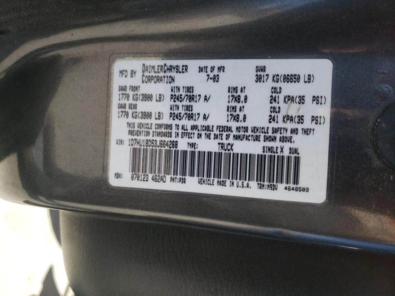 Photo 10 from auction – 2003 DODGE RAM 1500 S with VIN 1D7HU18D53J664268
