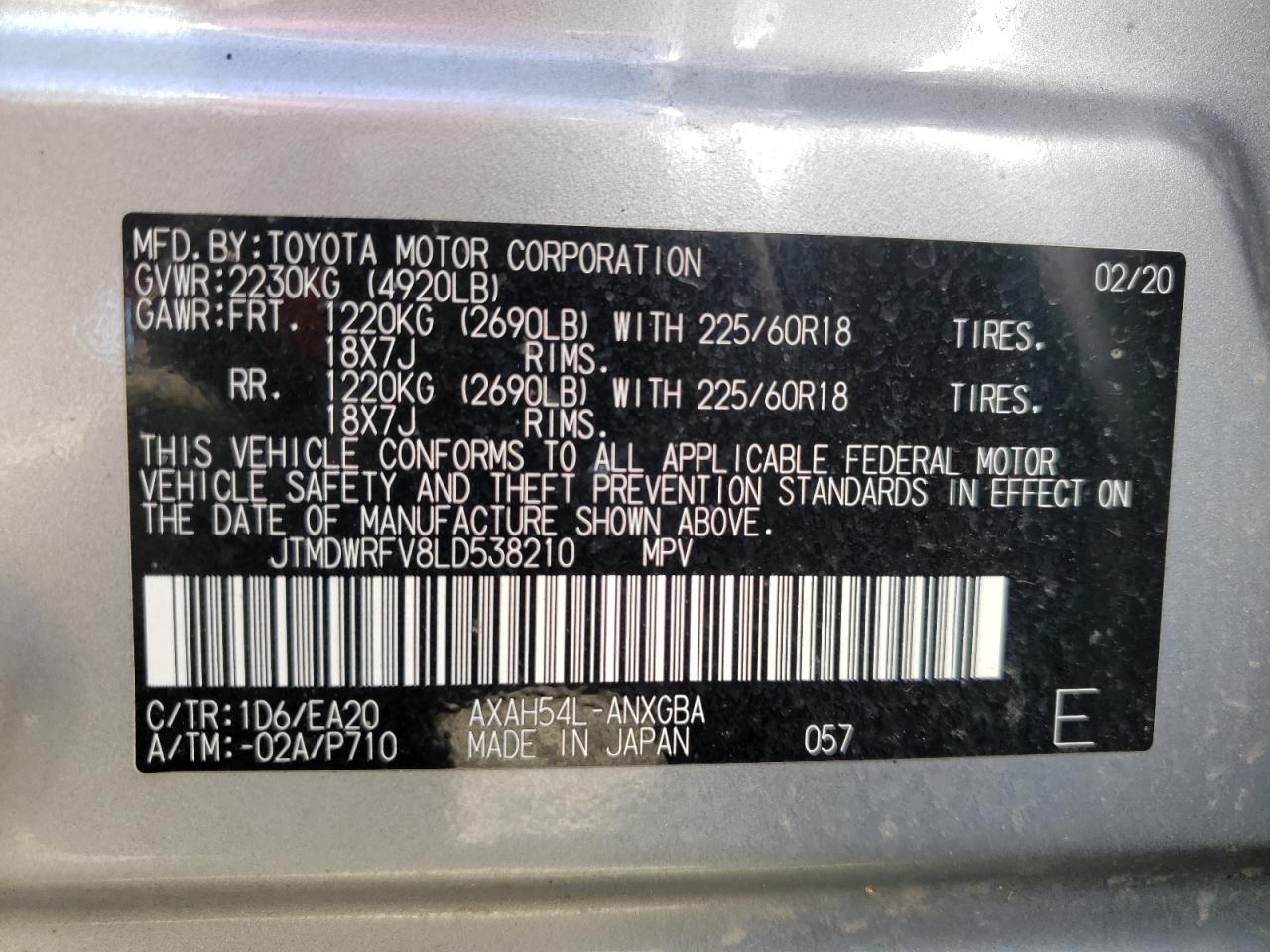 Photo 10 from auction – 2020 TOYOTA RAV4 LIMIT with VIN JTMDWRFV8LD538210