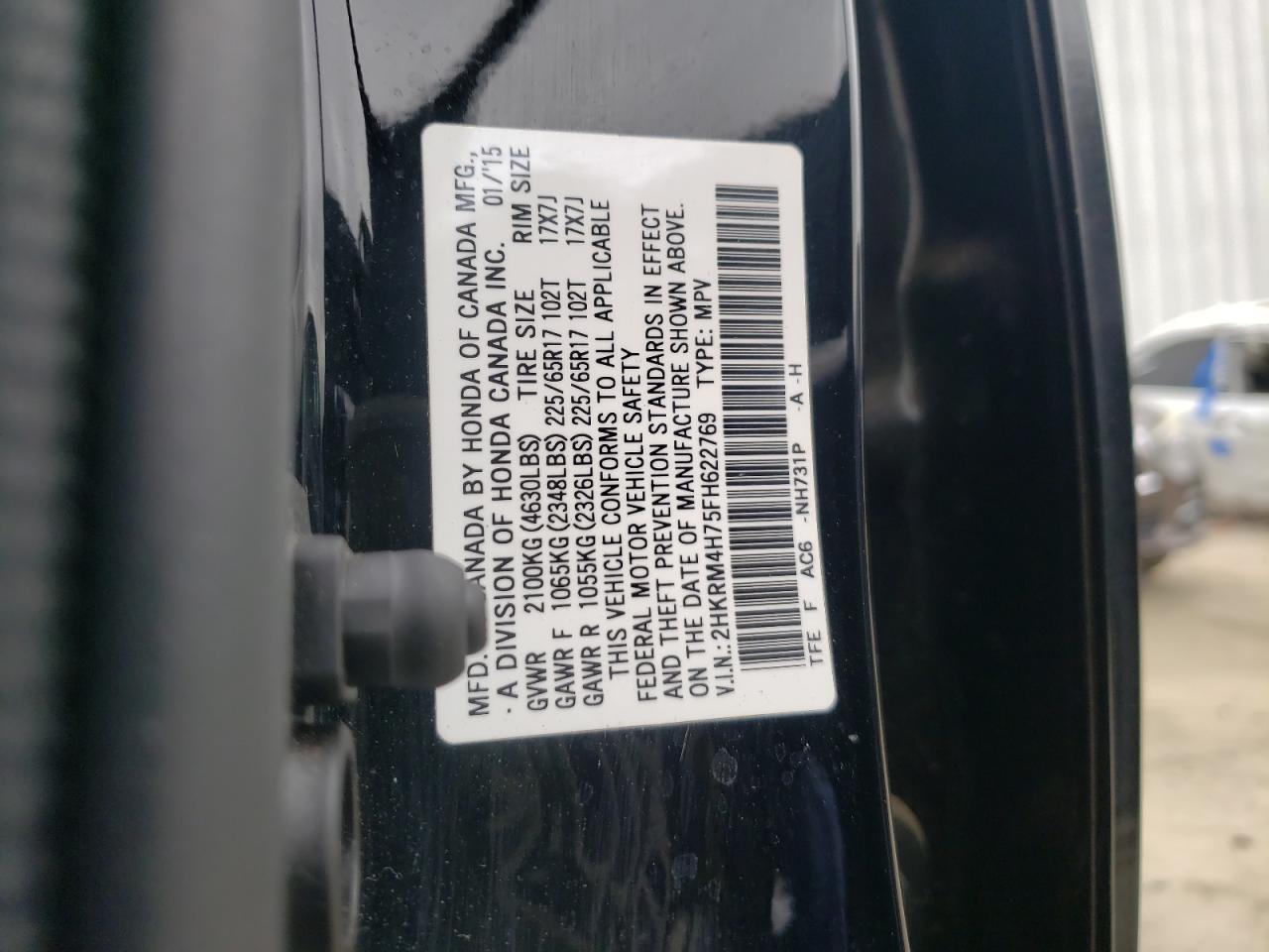Photo 10 from auction – 2015 HONDA CR-V EXL with VIN 2HKRM4H75FH622769