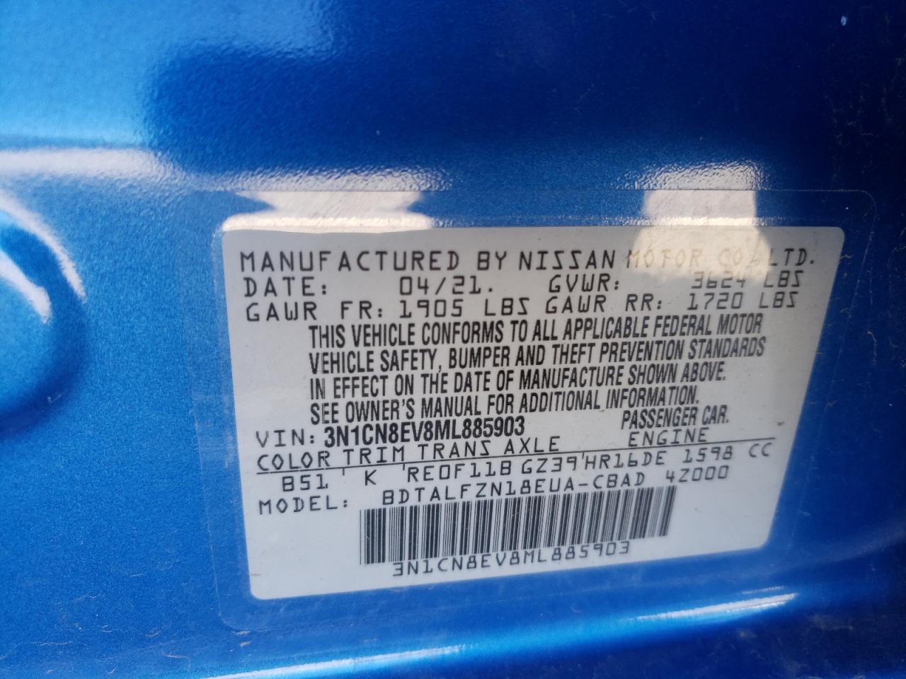 Photo 10 from auction – 2021 NISSAN VERSA SV with VIN 3N1CN8EV8ML885903