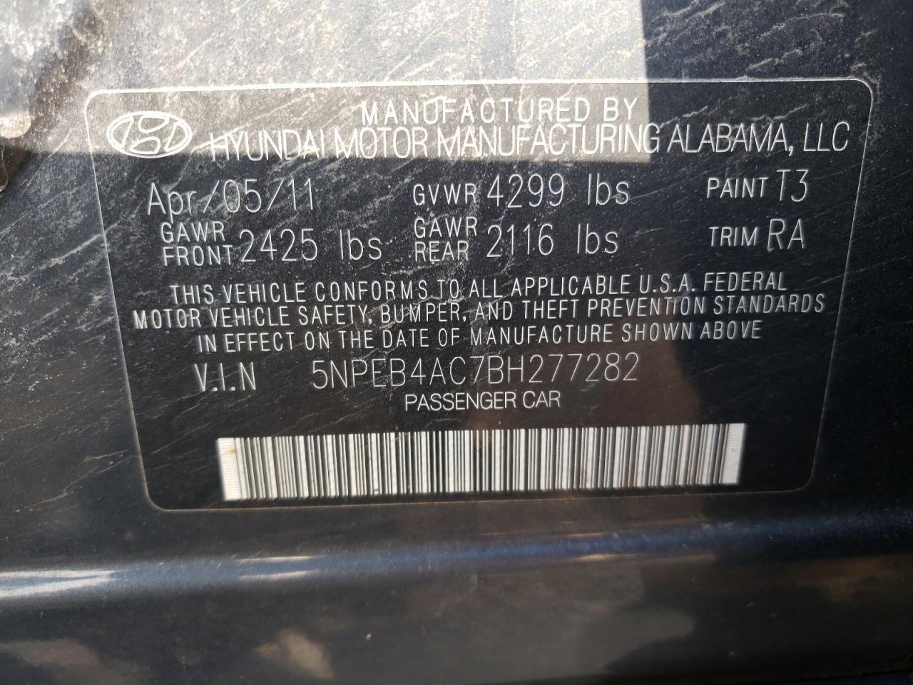 Photo 10 from auction – 2011 HYUNDAI SONATA GLS with VIN 5NPEB4AC7BH277282