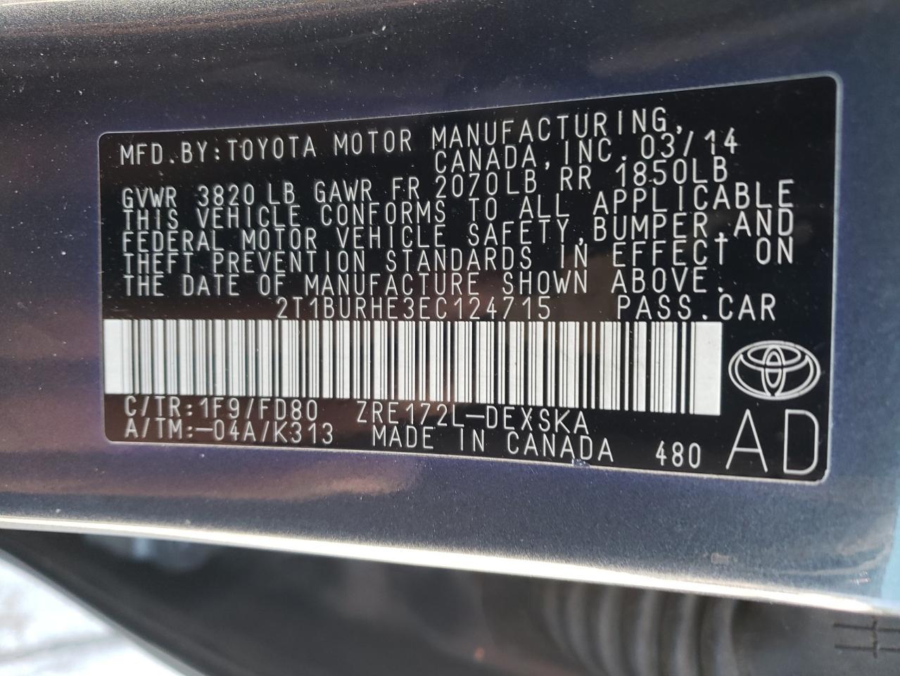 Photo 10 from auction – 2014 TOYOTA COROLLA L with VIN 2T1BURHE3EC124715
