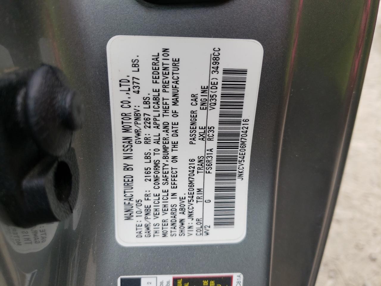 Photo 10 from auction – 2006 INFINITI G35 with VIN JNKCV54E06M704216