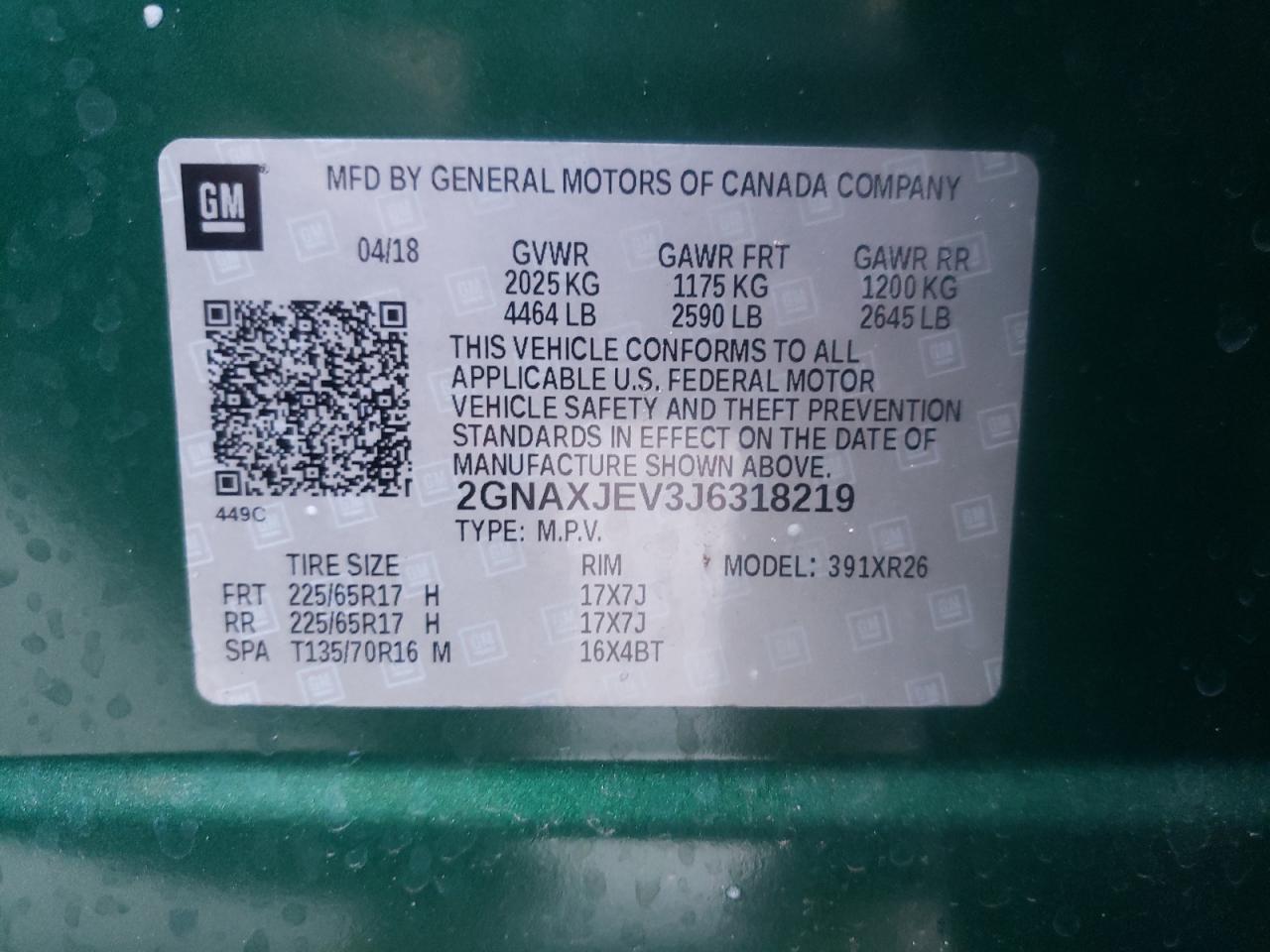 Photo 10 from auction – 2018 CHEVROLET EQUINOX LT with VIN 2GNAXJEV3J6318219