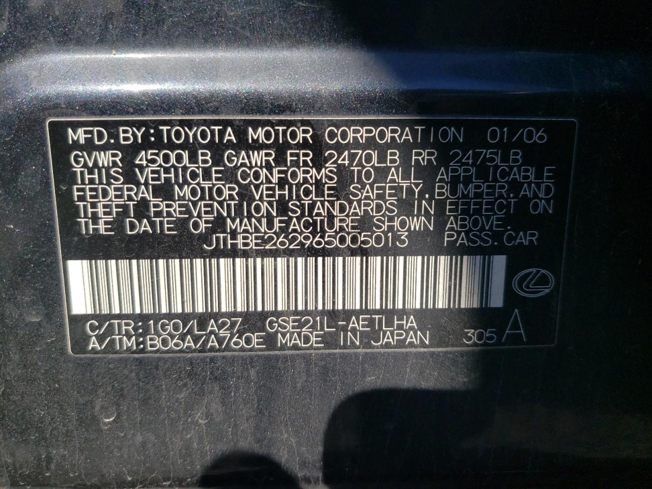 Photo 10 from auction – 2006 LEXUS IS 350 with VIN JTHBE262965005013