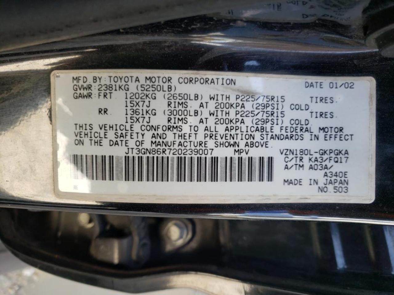 Photo 10 from auction – 2002 TOYOTA 4RUNNER SR with VIN JT3GN86R720239007