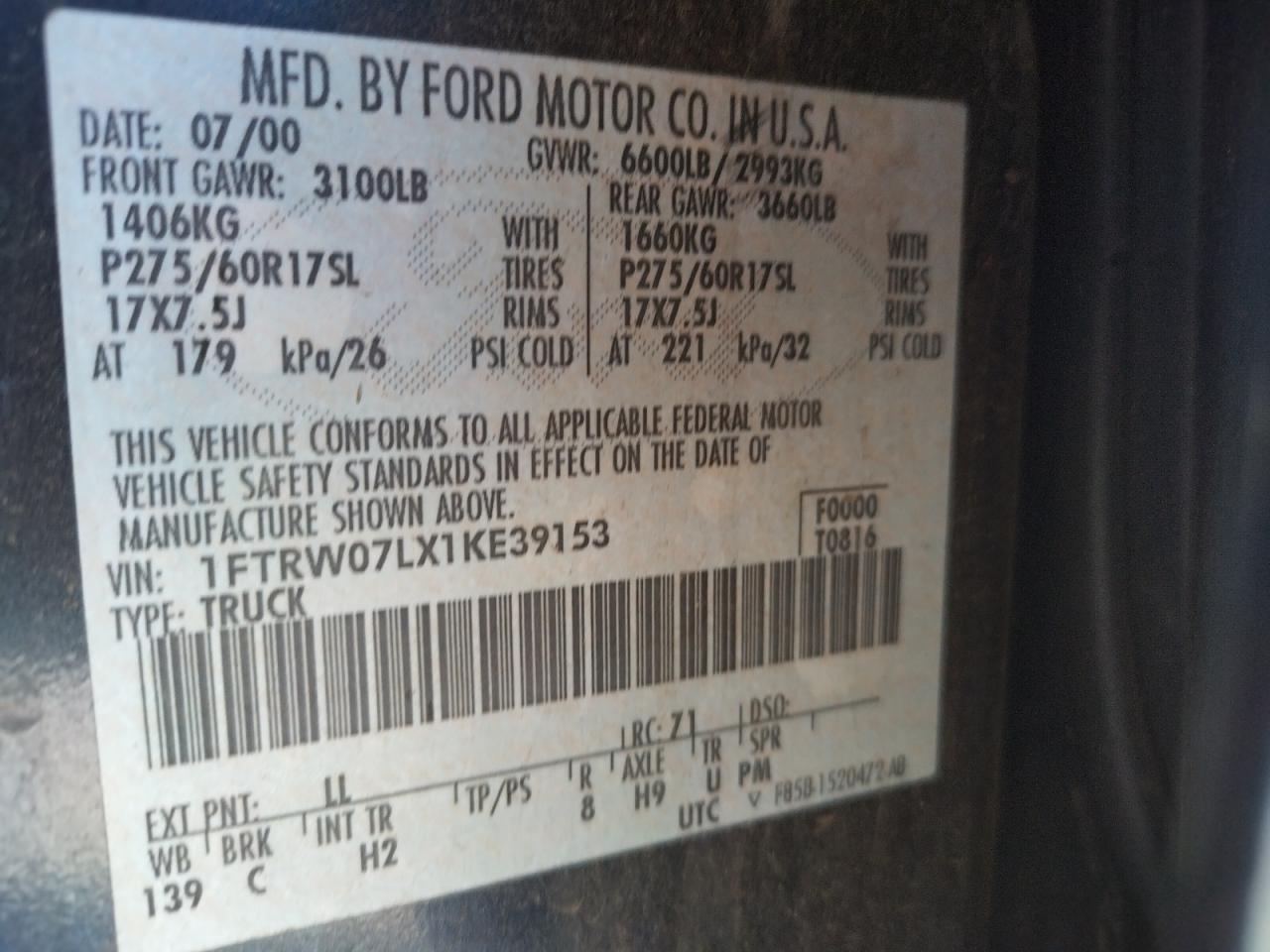 Photo 10 from auction – 2001 FORD F150 SUPER with VIN 1FTRW07LX1KE39153