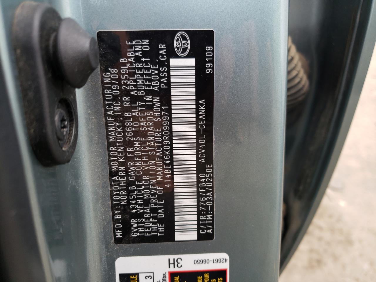 Photo 10 from auction – 2009 TOYOTA CAMRY with VIN 4T4BE46K09R099971