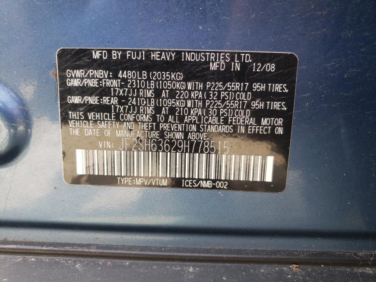Photo 10 from auction – 2009 SUBARU FORESTER 2 with VIN JF2SH63629H778515