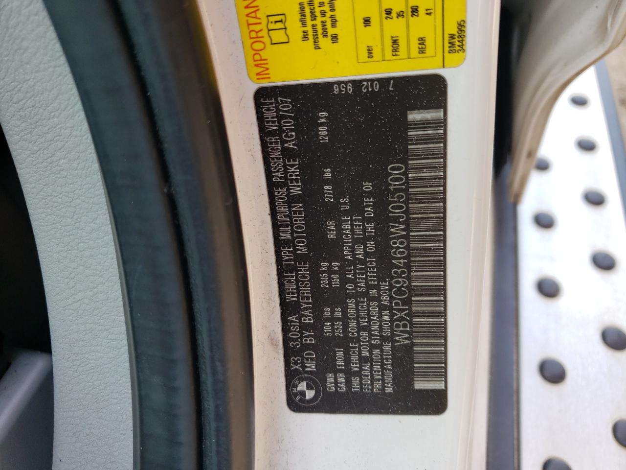 Photo 10 from auction – 2008 BMW X3 3.0SI with VIN WBXPC93468WJ05100