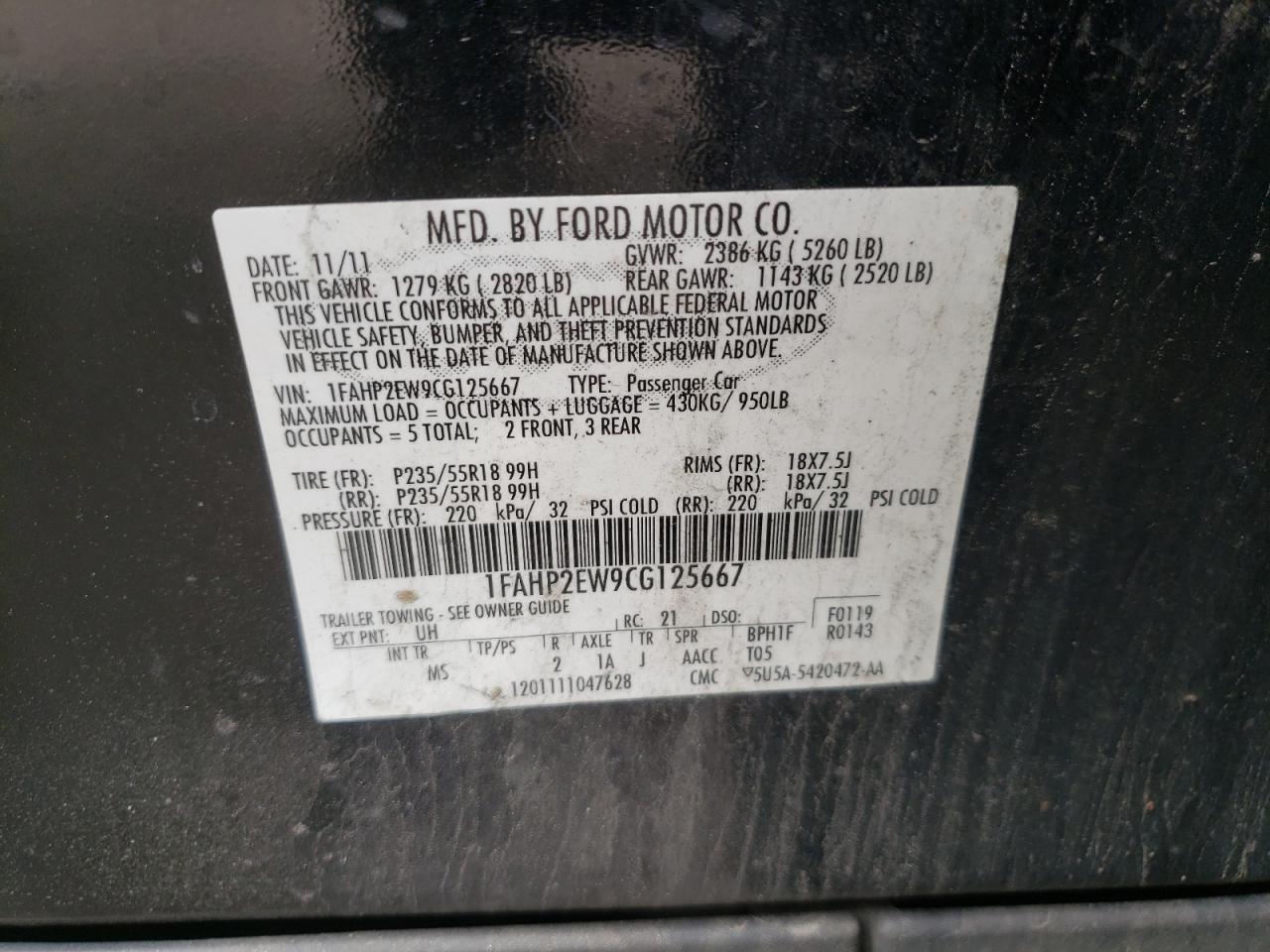 Photo 10 from auction – 2012 FORD TAURUS SEL with VIN 1FAHP2EW9CG125667