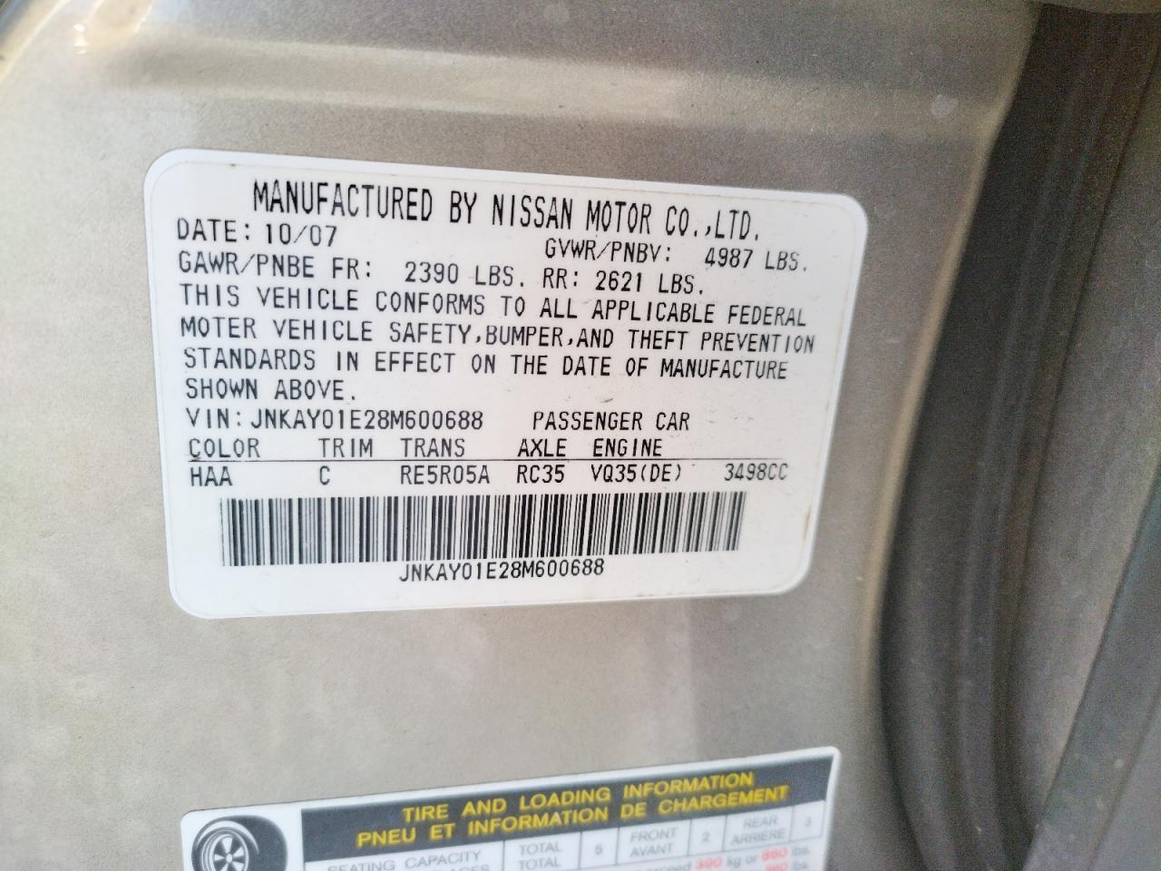 Photo 10 from auction – 2008 INFINITI M35 BASE with VIN JNKAY01E28M600688