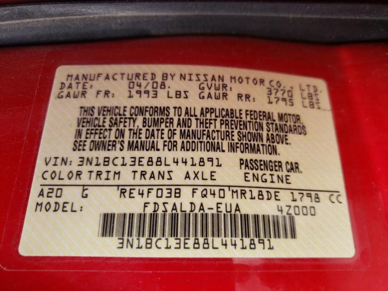 Photo 10 from auction – 2008 NISSAN VERSA S with VIN 3N1BC13E88L441891