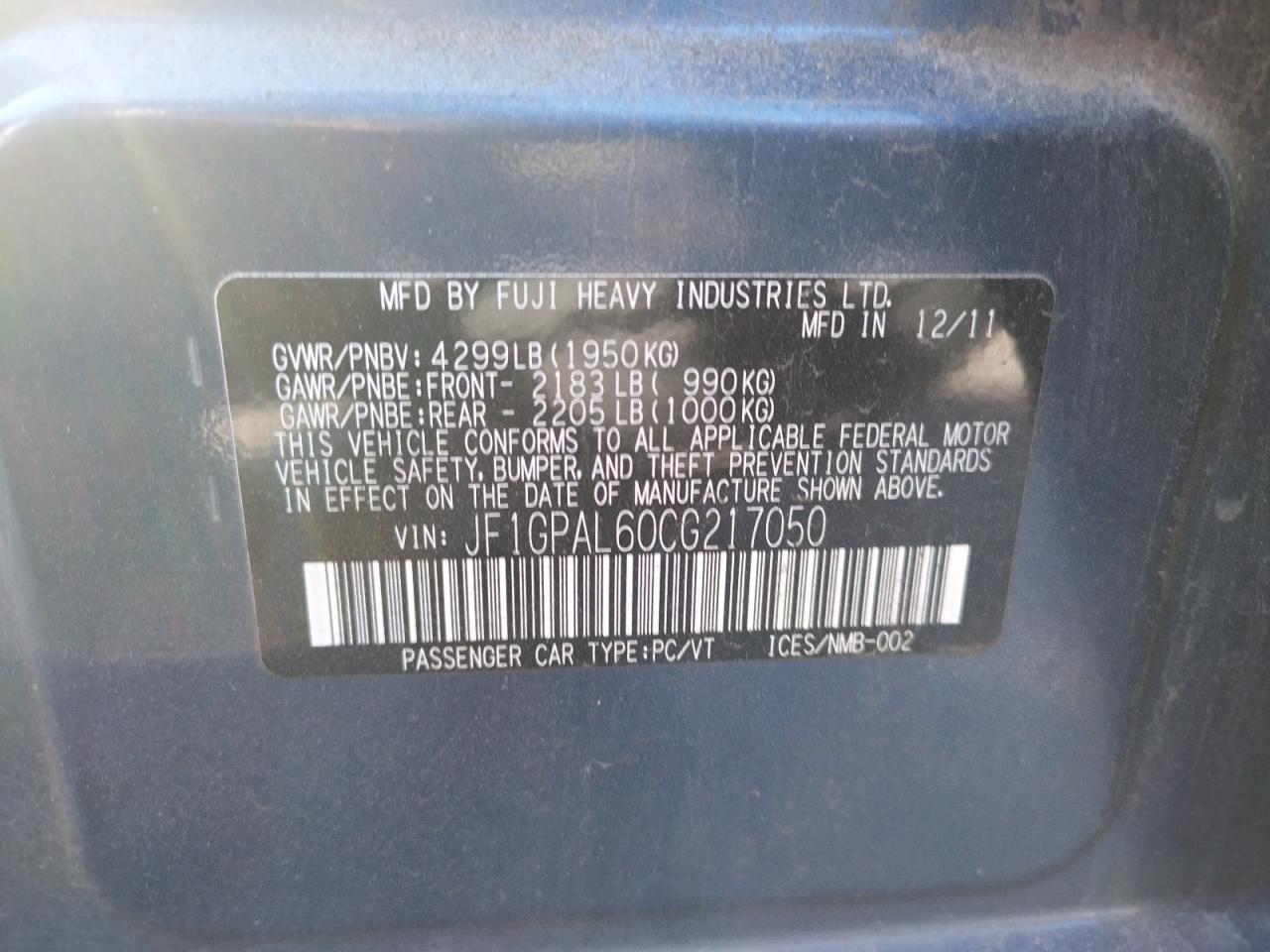 Foto 10 de la subasta – 2012 SUBARU IMPREZA SP con VIN JF1GPAL60CG217050