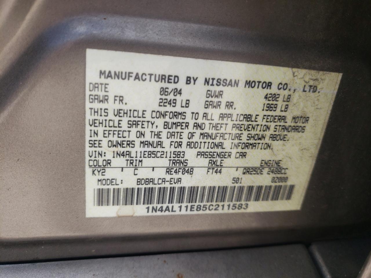 Photo 10 from auction – 2005 NISSAN ALTIMA S with VIN 1N4AL11E85C211583
