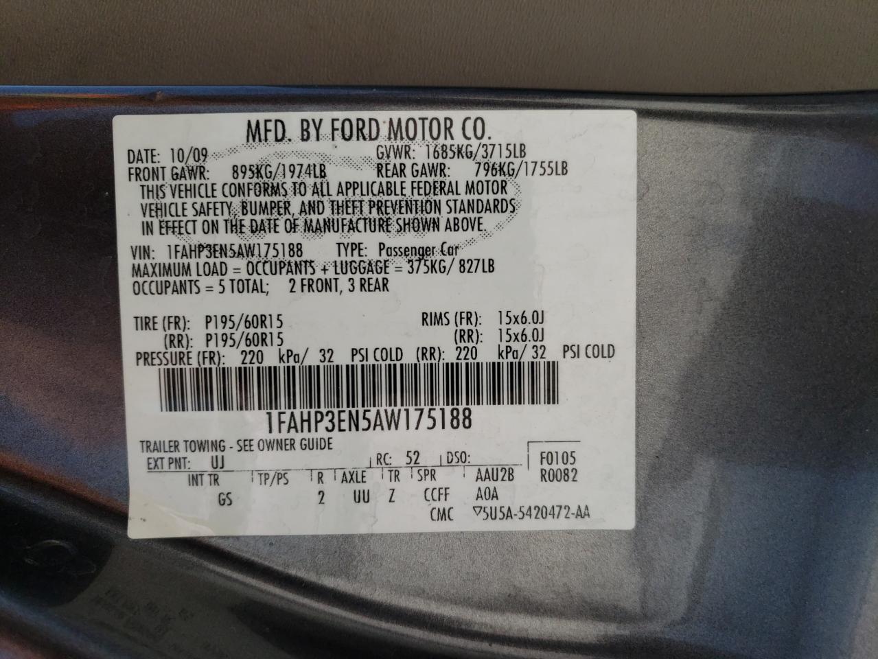 Photo 10 from auction – 2010 FORD FOCUS S with VIN 1FAHP3EN5AW175188