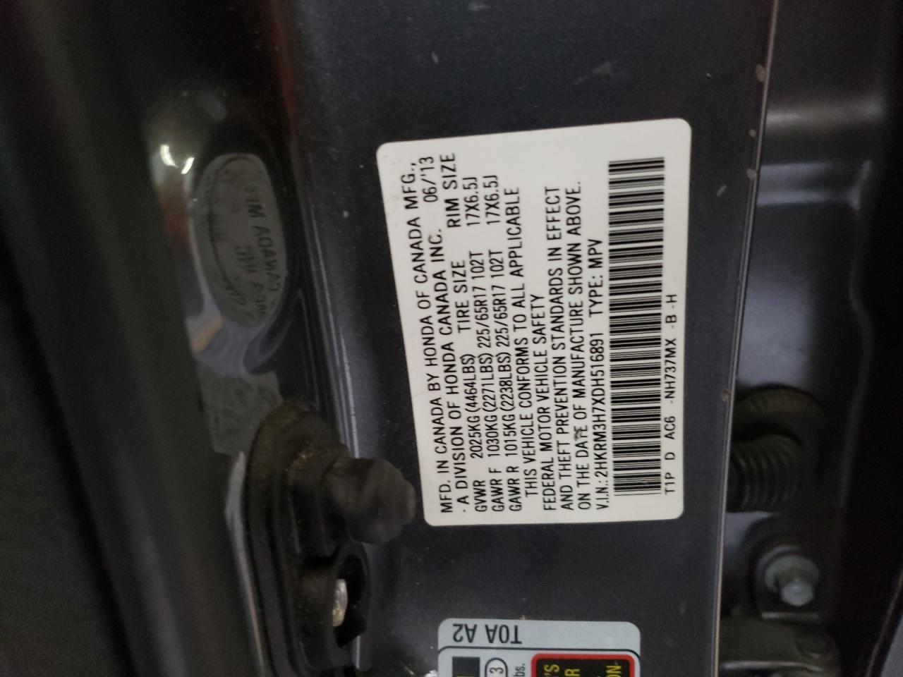 Photo 10 from auction – 2013 HONDA CR-V EXL with VIN 2HKRM3H7XDH516891