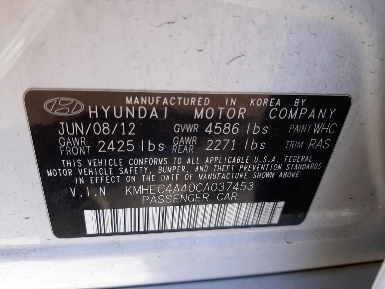Photo 10 from auction – 2012 HYUNDAI SONATA HYB with VIN KMHEC4A40CA037453