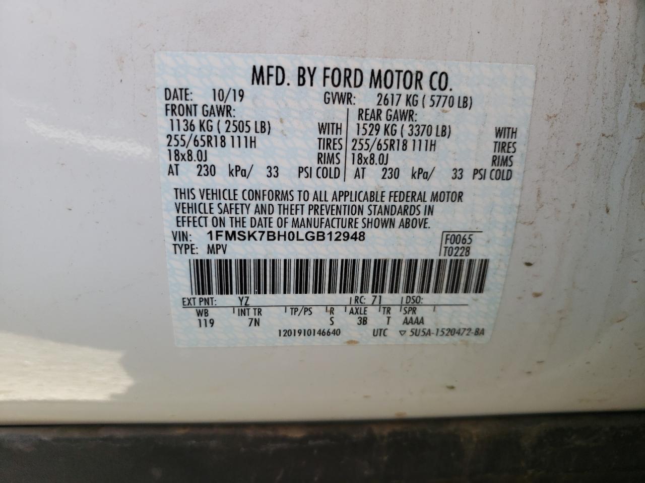 Photo 10 from auction – 2020 FORD EXPLORER with VIN 1FMSK7BH0LGB12948