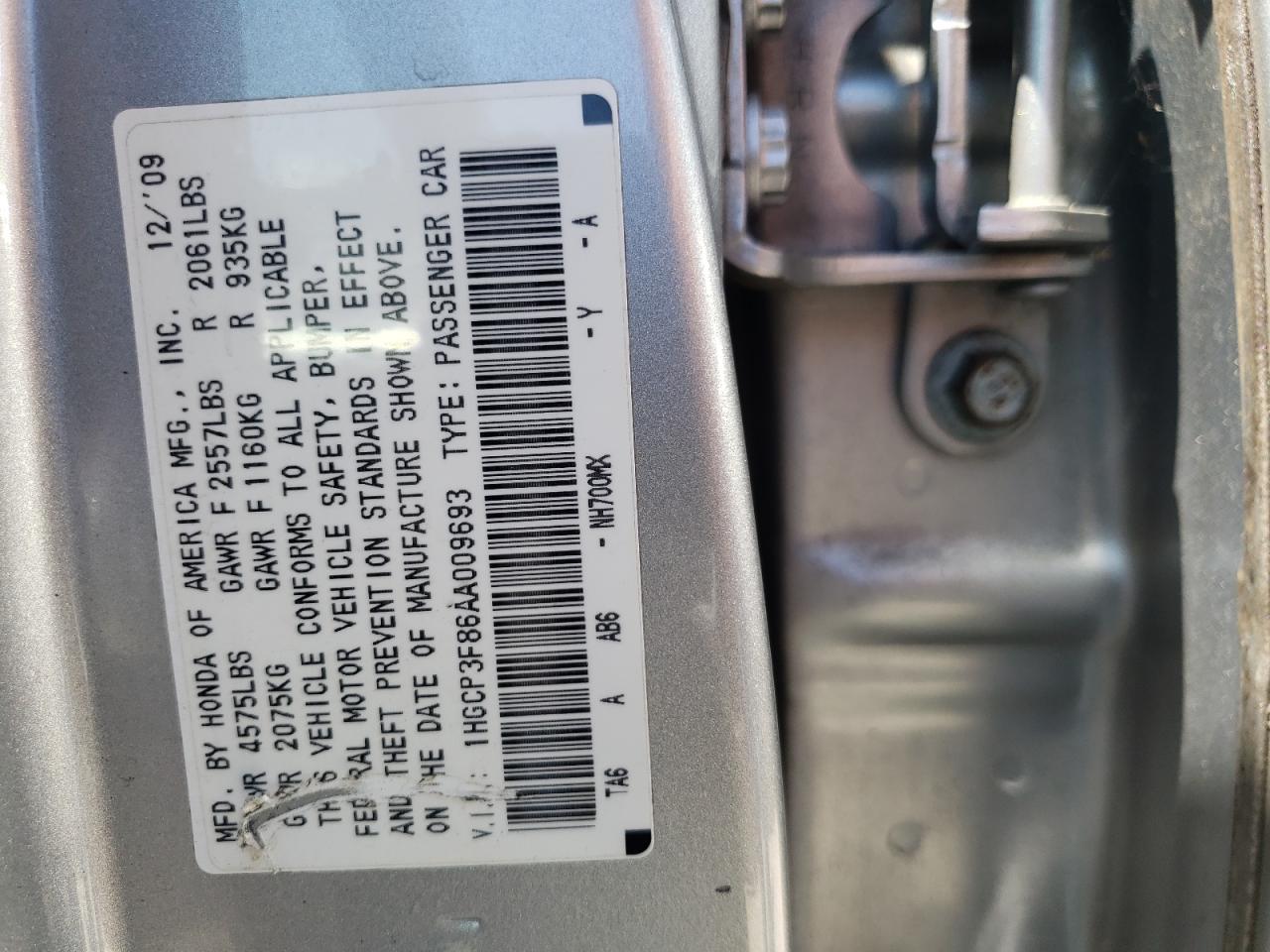 Photo 10 from auction – 2010 HONDA ACCORD EXL with VIN 1HGCP3F86AA009693