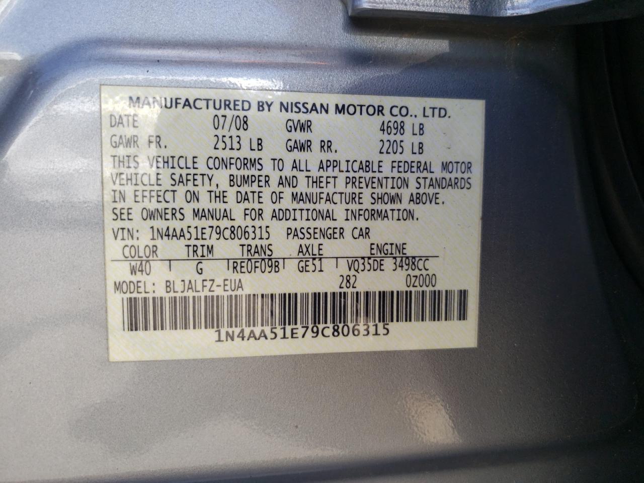 Photo 10 from auction – 2009 NISSAN MAXIMA S with VIN 1N4AA51E79C806315
