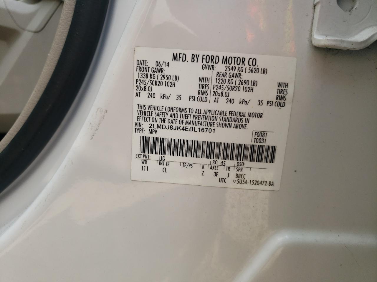 Photo 10 from auction – 2014 LINCOLN MKX with VIN 2LMDJ8JK4EBL16701