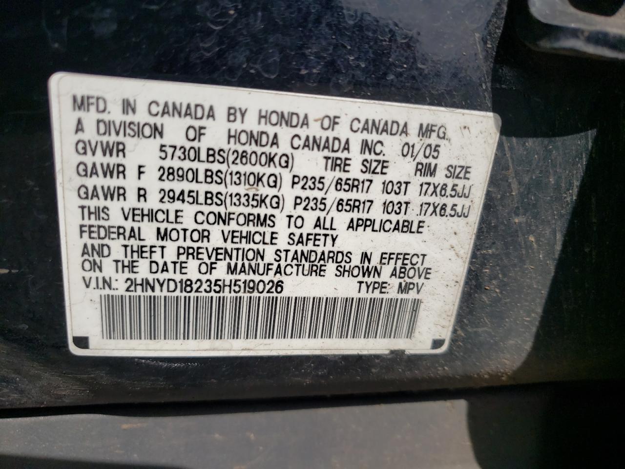 Photo 10 from auction – 2005 ACURA MDX with VIN 2HNYD18235H519026