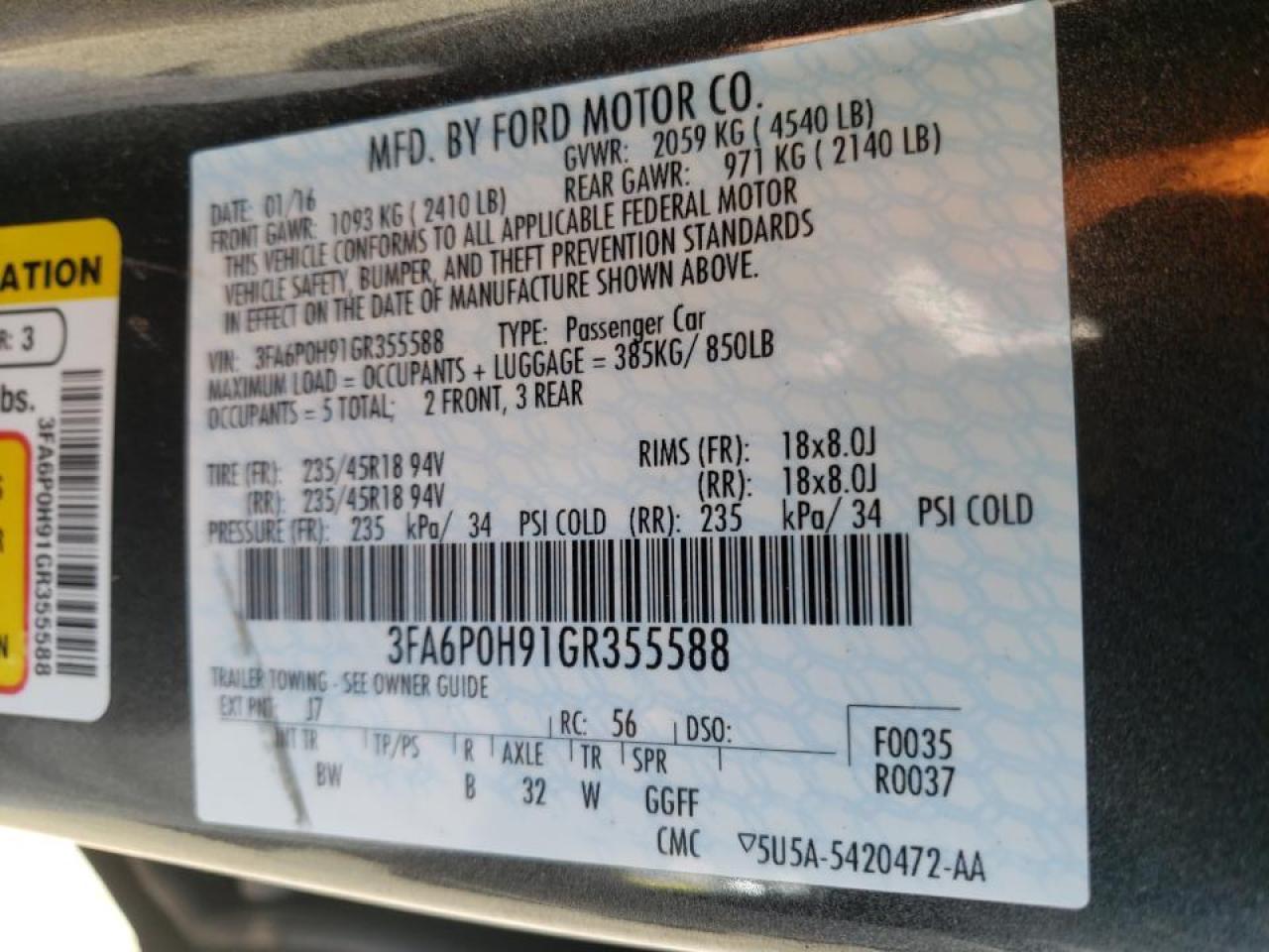 Photo 10 from auction – 2016 FORD FUSION SE with VIN 3FA6P0H91GR355588