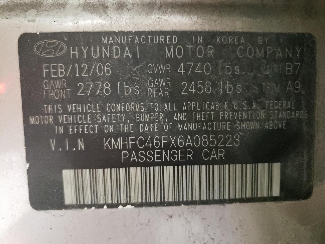 Photo 10 from auction – 2006 HYUNDAI AZERA SE with VIN KMHFC46FX6A085223