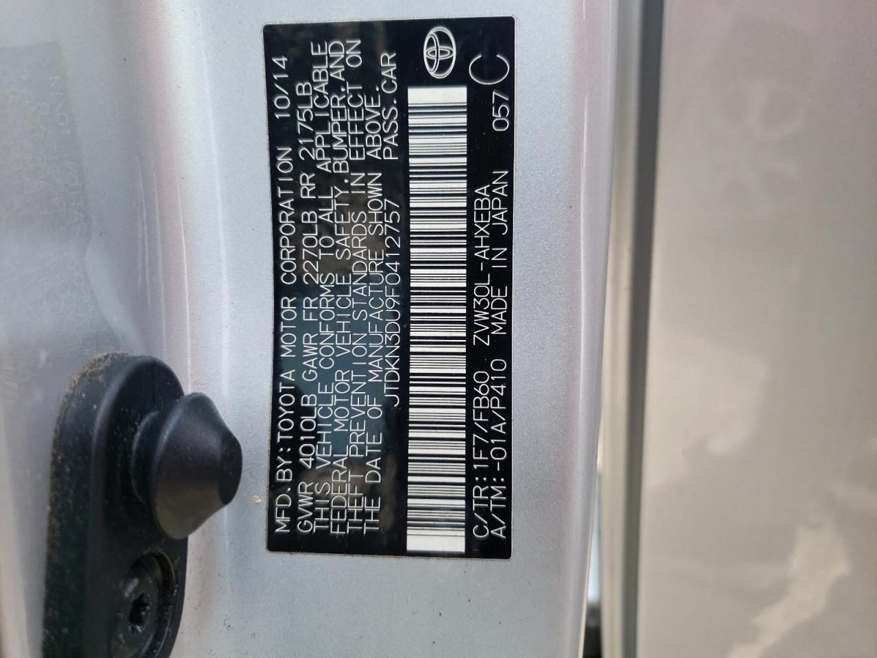 Photo 10 from auction – 2015 TOYOTA PRIUS with VIN JTDKN3DU9F0412757