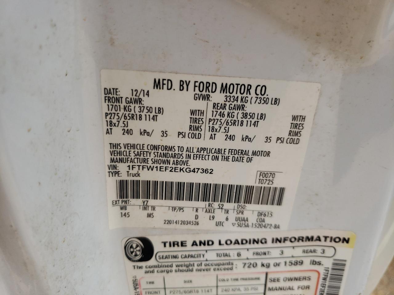 Photo 10 from auction – 2014 FORD F150 SUPER with VIN 1FTFW1EF2EKG47362