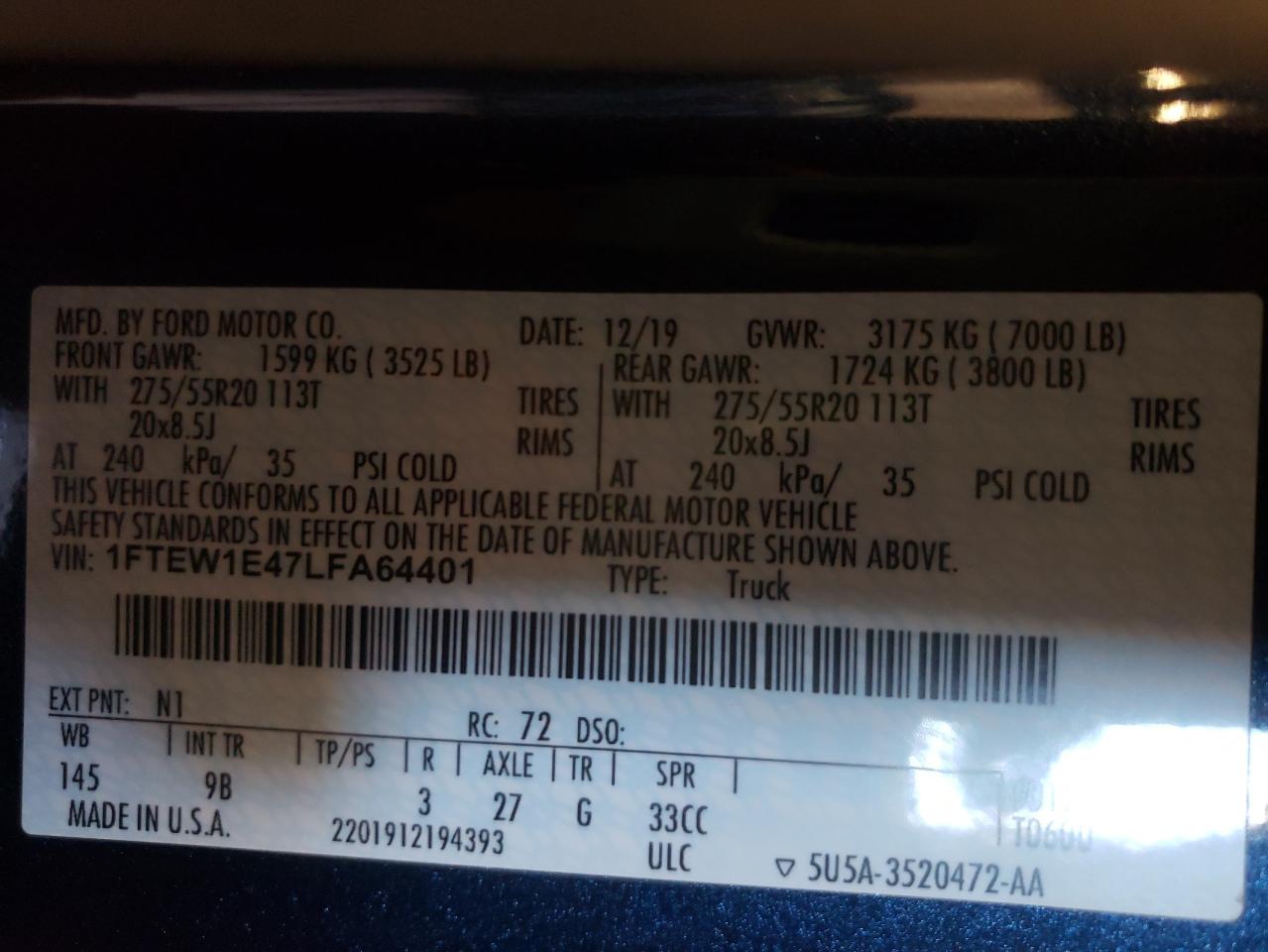 Photo 10 from auction – 2020 FORD F150 SUPER with VIN 1FTEW1E47LFA64401