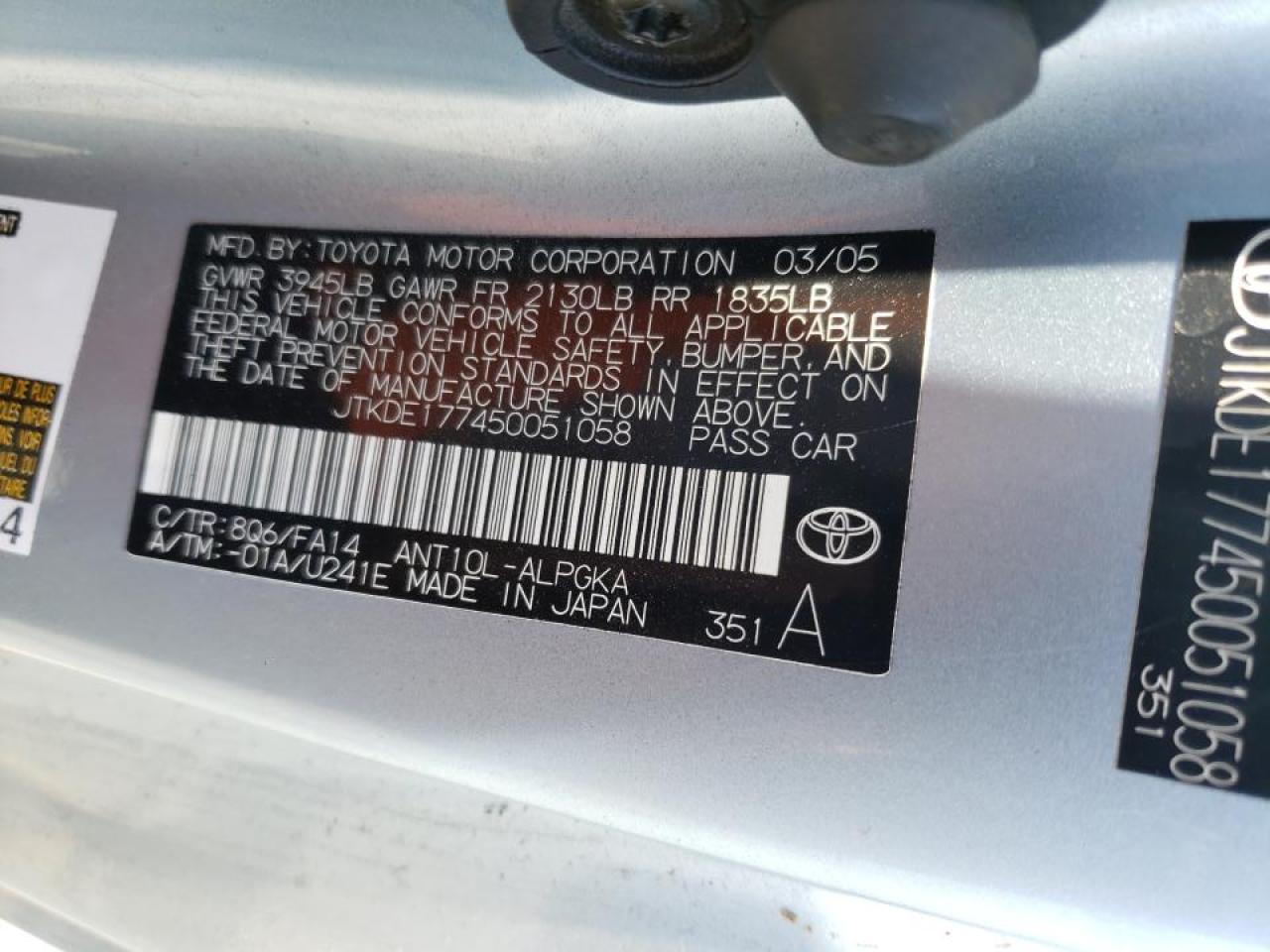 Photo 10 from auction – 2005 TOYOTA SCION TC with VIN JTKDE177450051058