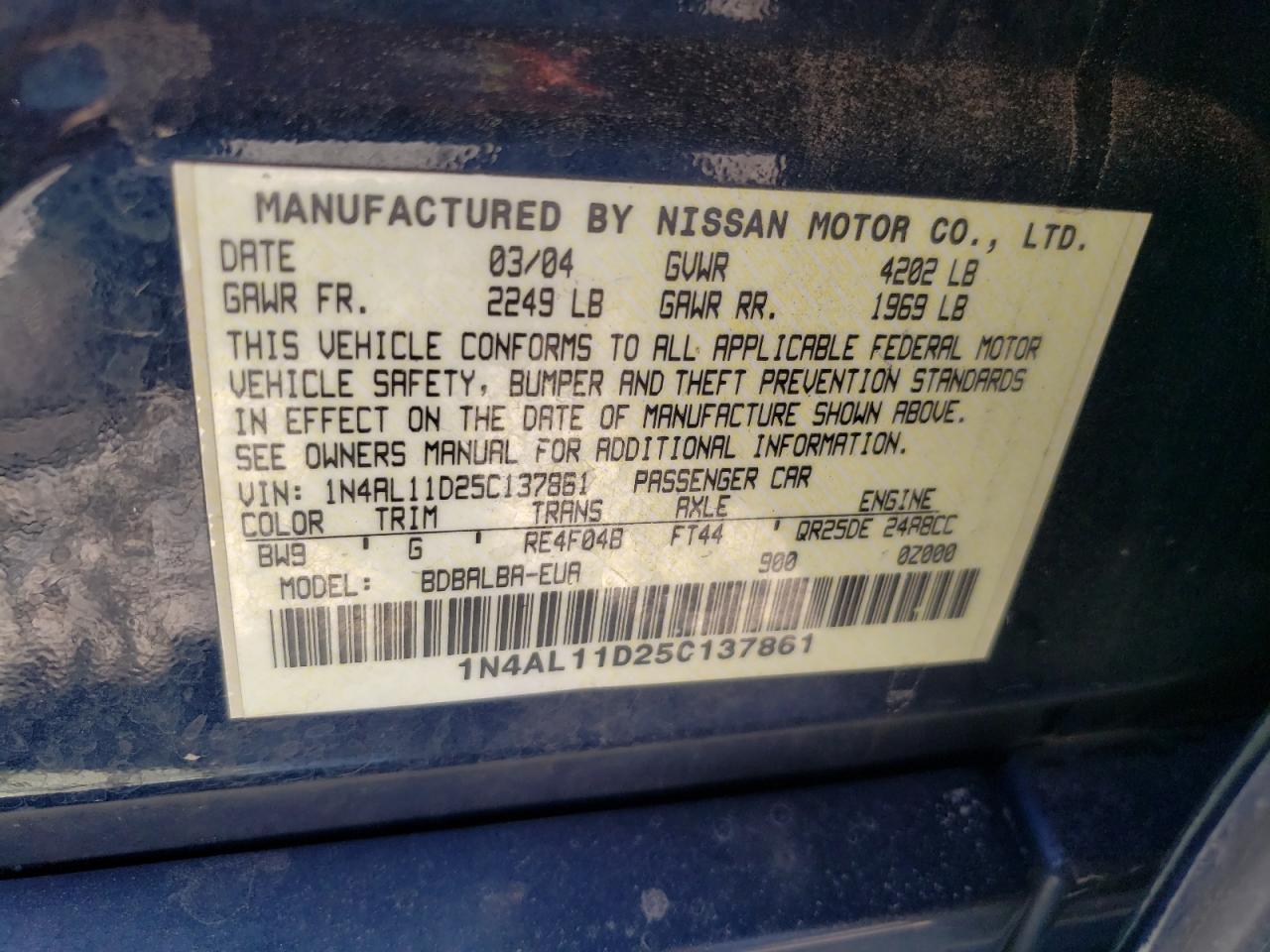 Photo 10 from auction – 2005 NISSAN ALTIMA S with VIN 1N4AL11D25C137861