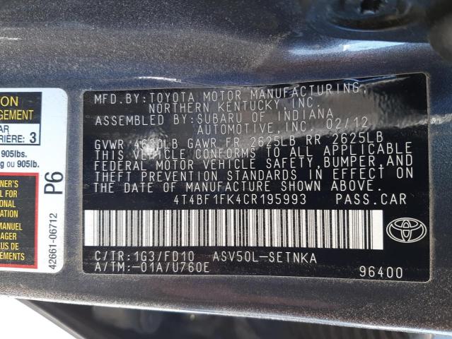 Photo 10 from auction – 2012 TOYOTA CAMRY BASE with VIN 4T4BF1FK4CR195993
