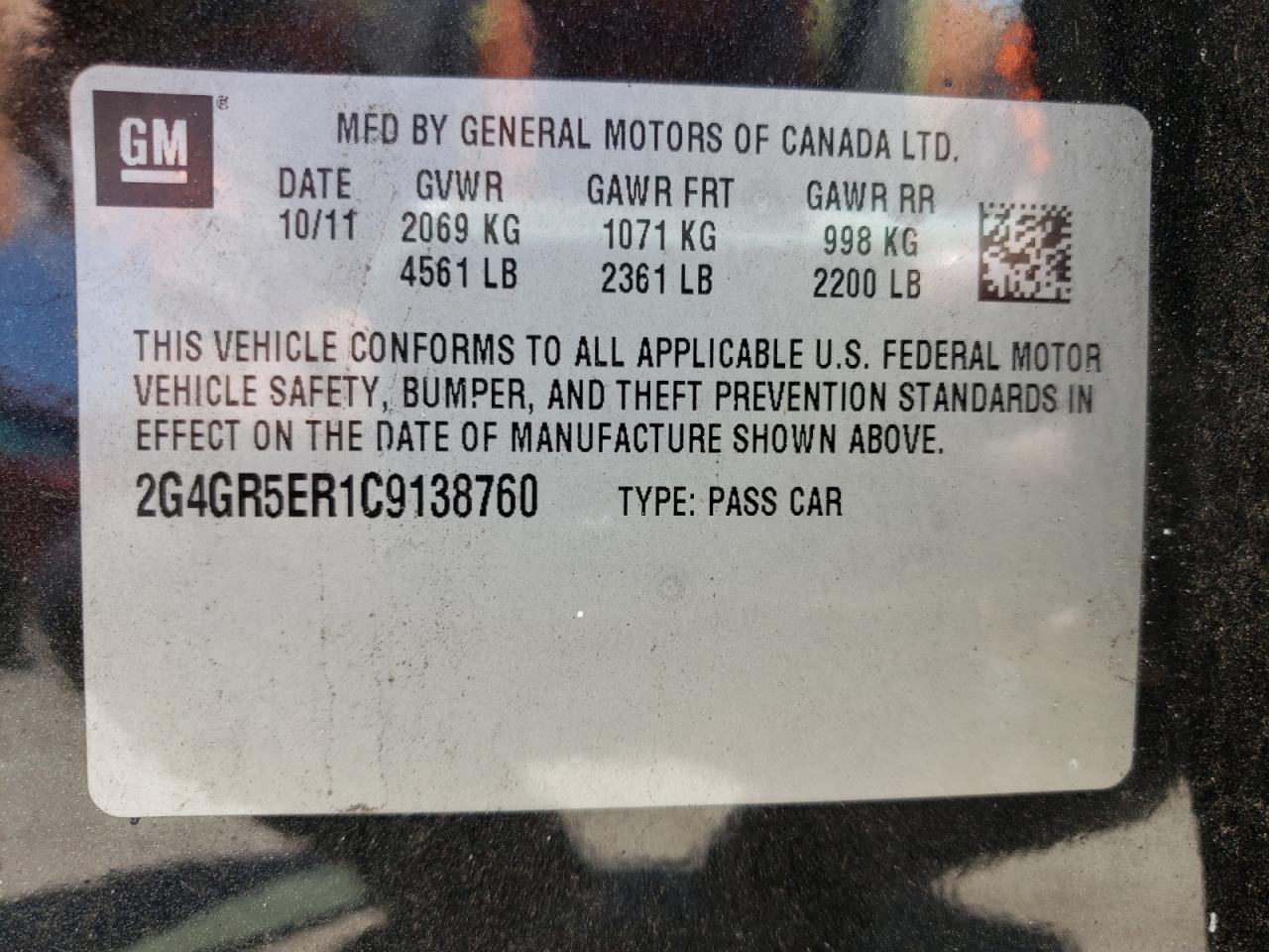 Photo 10 from auction – 2012 BUICK REGAL with VIN 2G4GR5ER1C9138760